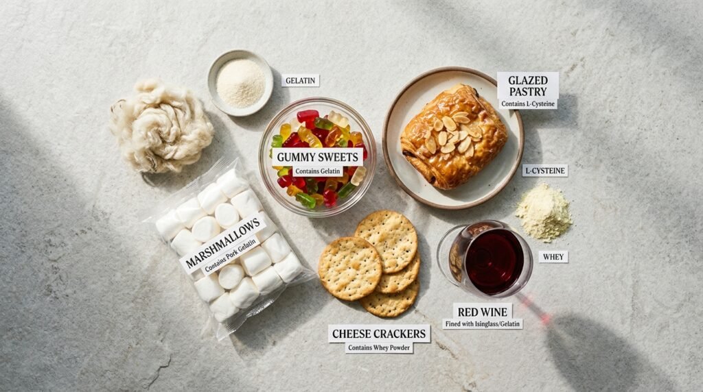 Hidden non-vegan ingredients in everyday foods, including gelatin sweets, glazed pastries, marshmallows, and dairy-based snacks