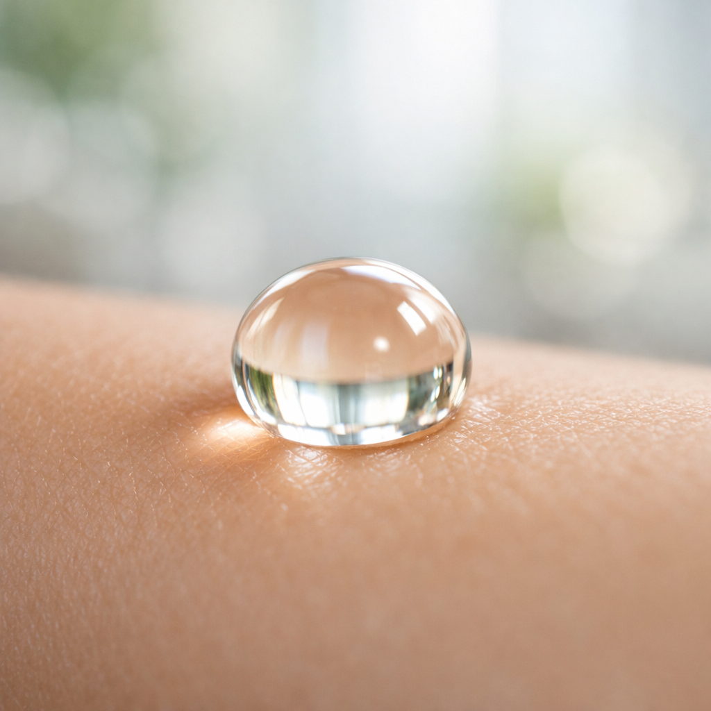 Clear droplet of cosmetic mineral oil on skin
