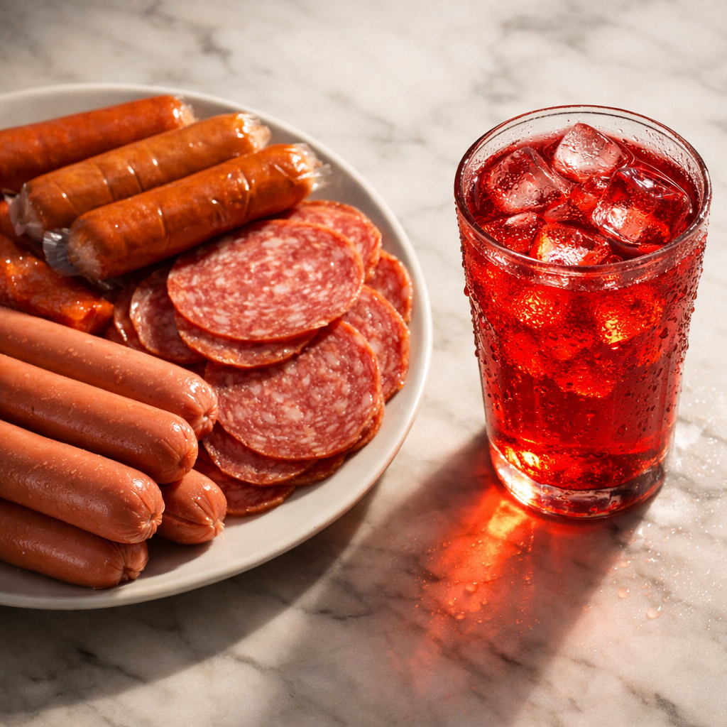 Processed meats and sugary soda illustrating ultra-processed food health risks